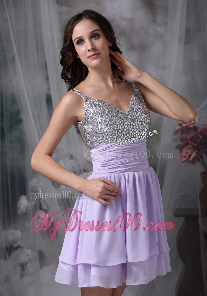 Mini-length Straps Lilac Chiffon Prom Dress with Ruches and Sequins