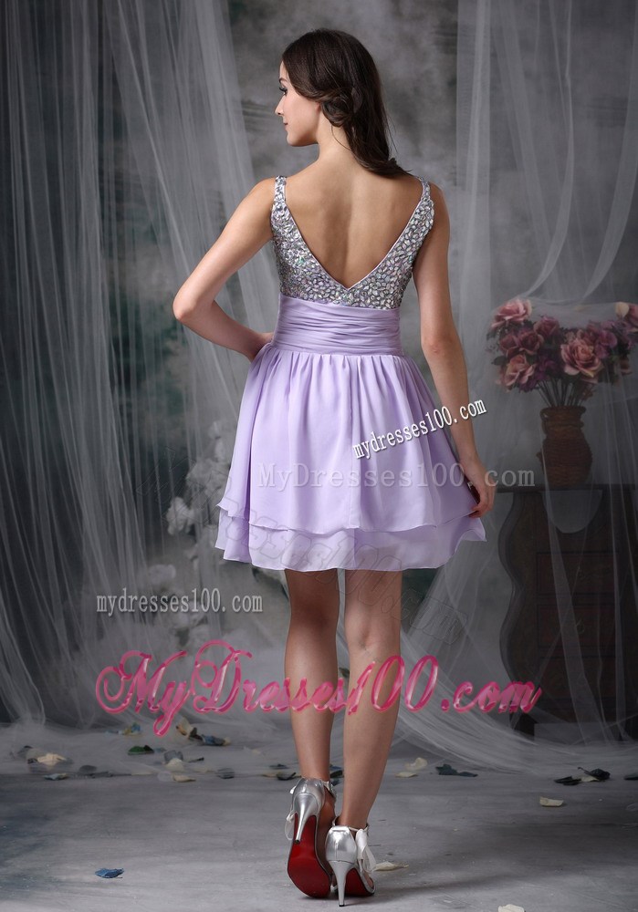 Mini-length Straps Lilac Chiffon Prom Dress with Ruches and Sequins