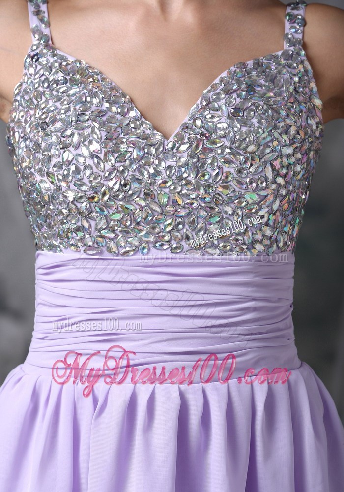 Mini-length Straps Lilac Chiffon Prom Dress with Ruches and Sequins