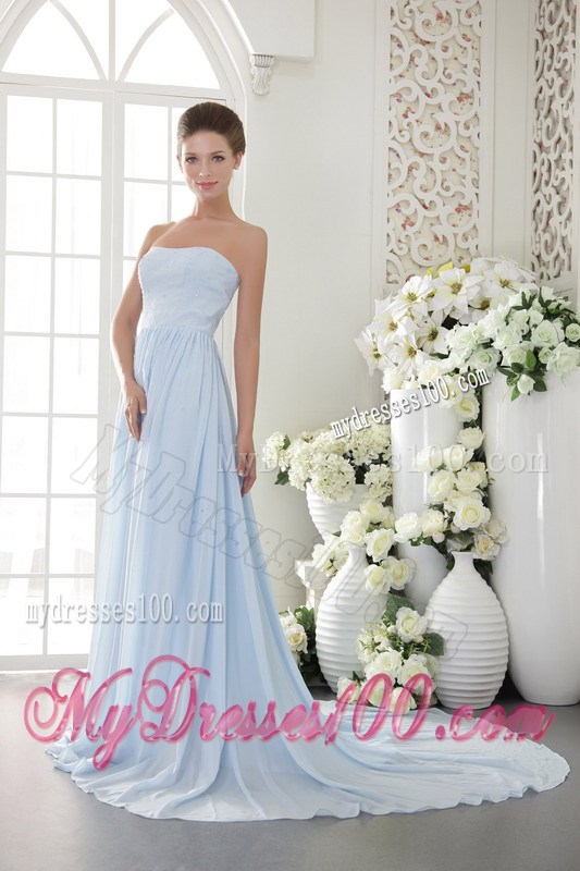 Light Blue Empire Strapless Brush Train Chiffon Beading Prom / Graduation Dress