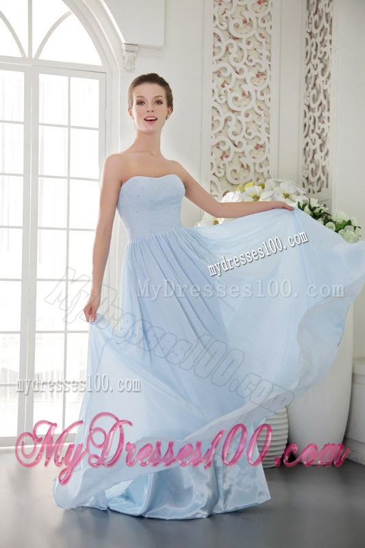 Strapless Light Blue Empire Brush Train Chiffon Prom Gown with Beading