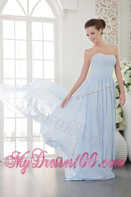Strapless Light Blue Empire Brush Train Chiffon Prom Gown with Beading