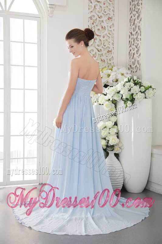Strapless Light Blue Empire Brush Train Chiffon Prom Gown with Beading