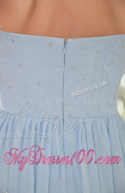 Light Blue Empire Strapless Brush Train Chiffon Beading Prom / Graduation Dress