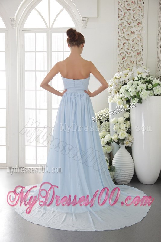 Light Blue Empire Strapless Brush Train Chiffon Beading Prom / Graduation Dress