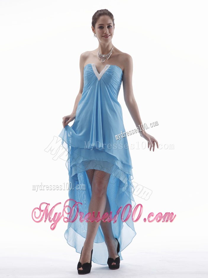 Light Blue High-low Chiffon Prom Dress with V-neck and Layers