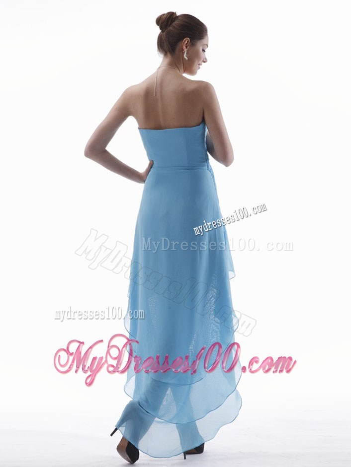 Light Blue High-low Chiffon Prom Dress with V-neck and Layers