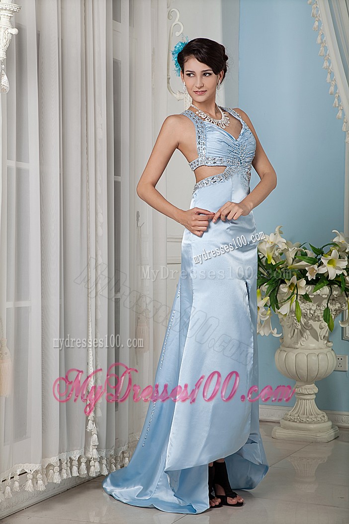 Light Blue Column Beading and High Slit Prom Gown with the Back and Waist Cutout