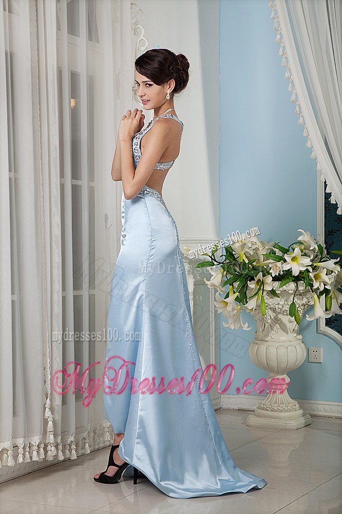 Light Blue Column Beading and High Slit Prom Gown with the Back and Waist Cutout