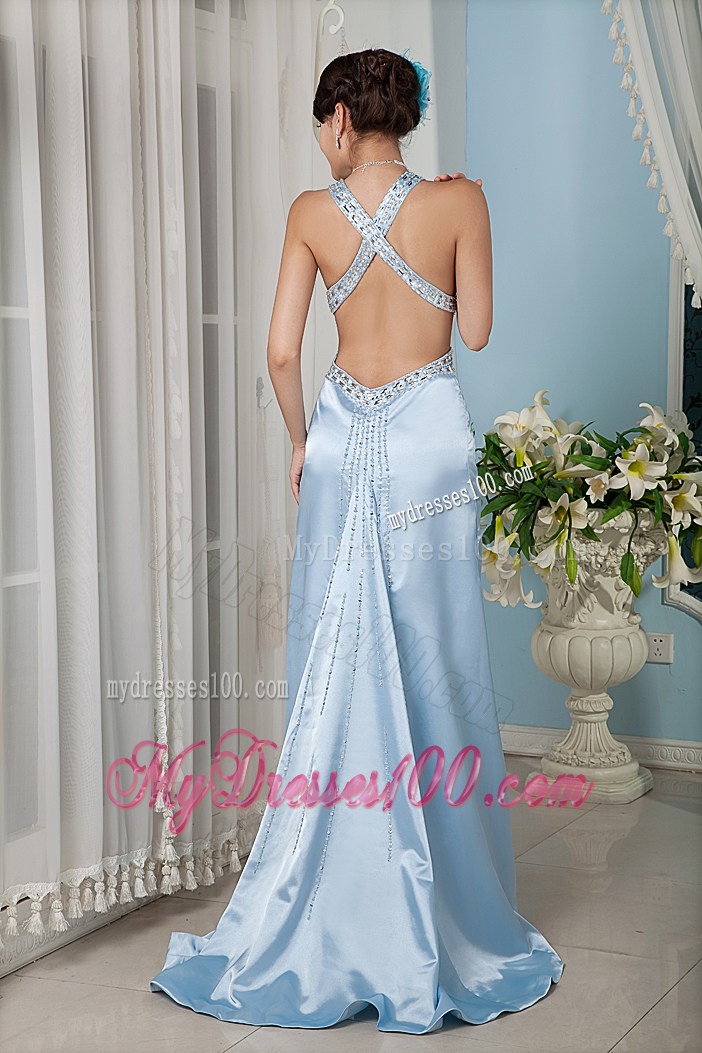 Light Blue Column Beading and High Slit Prom Gown with the Back and Waist Cutout