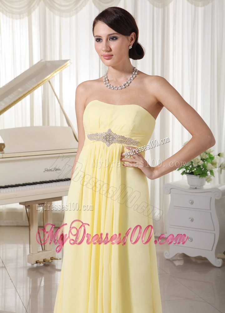 Light Yellow Chiffon Beading Decorate Empire Prom Evening Dress