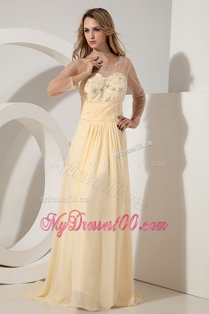 Empire Scoop Beaded Brush Train Light Yellow Prom Dress with Sheer Sleeves