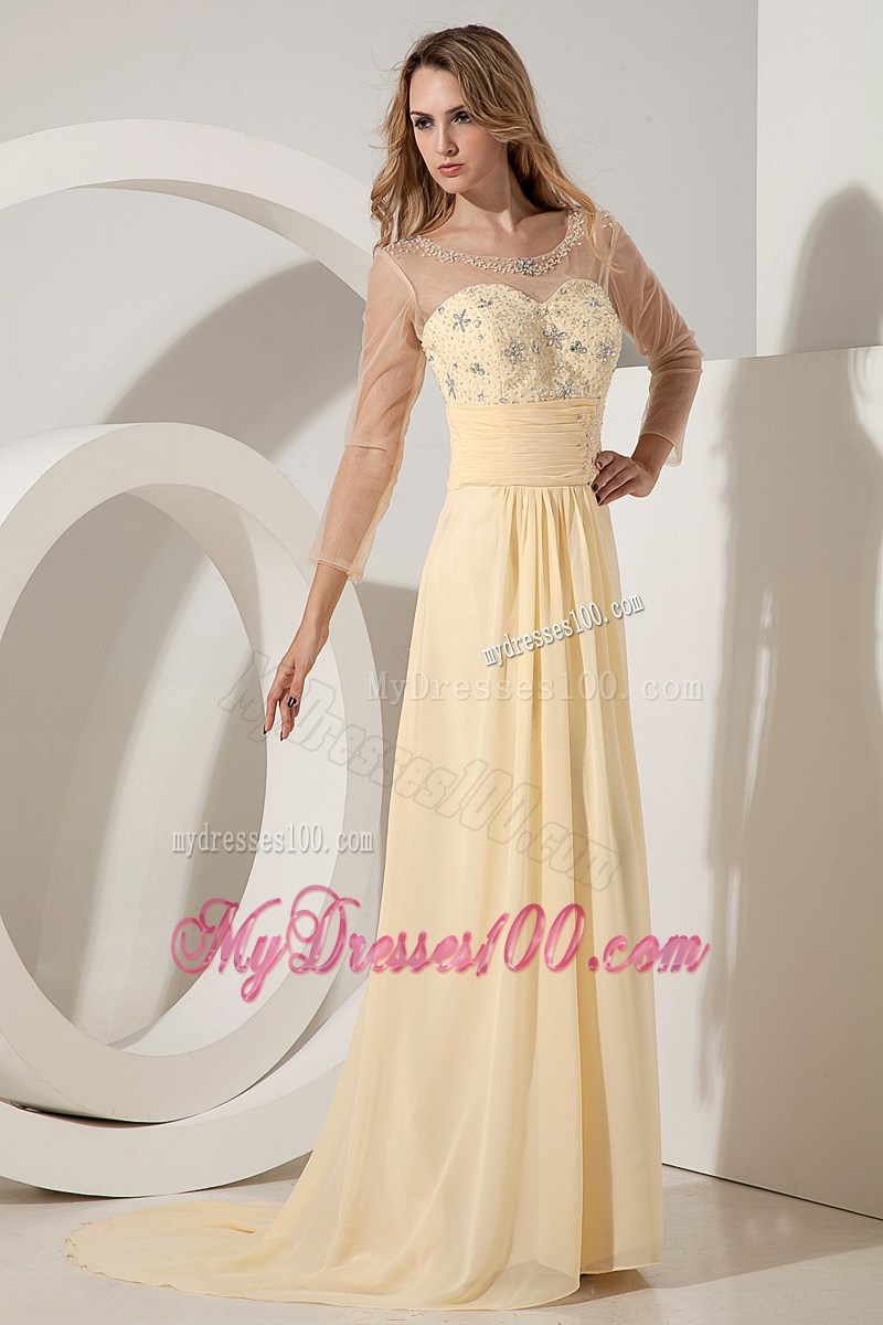 Empire Scoop Beaded Brush Train Light Yellow Prom Dress with Sheer Sleeves