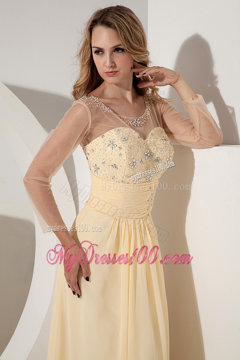 Empire Scoop Beaded Brush Train Light Yellow Prom Dress with Sheer Sleeves