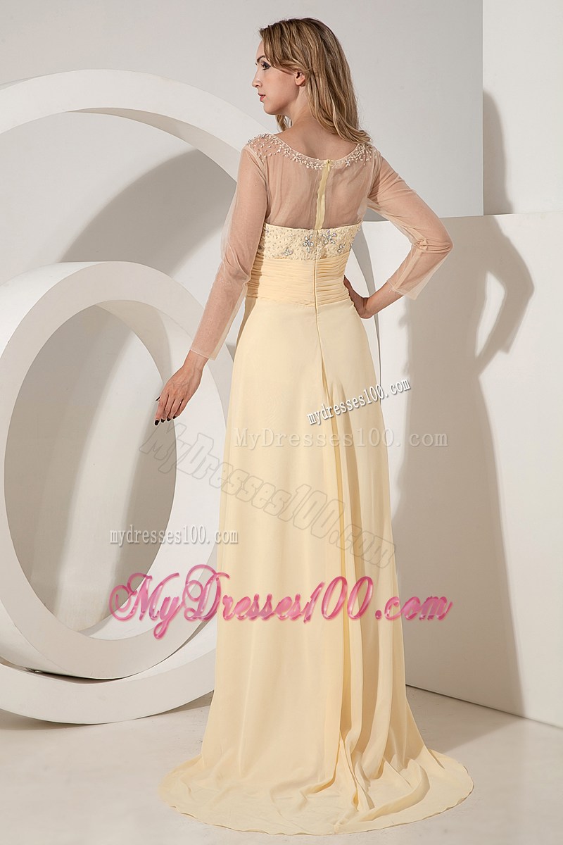 Empire Scoop Beaded Brush Train Light Yellow Prom Dress with Sheer Sleeves