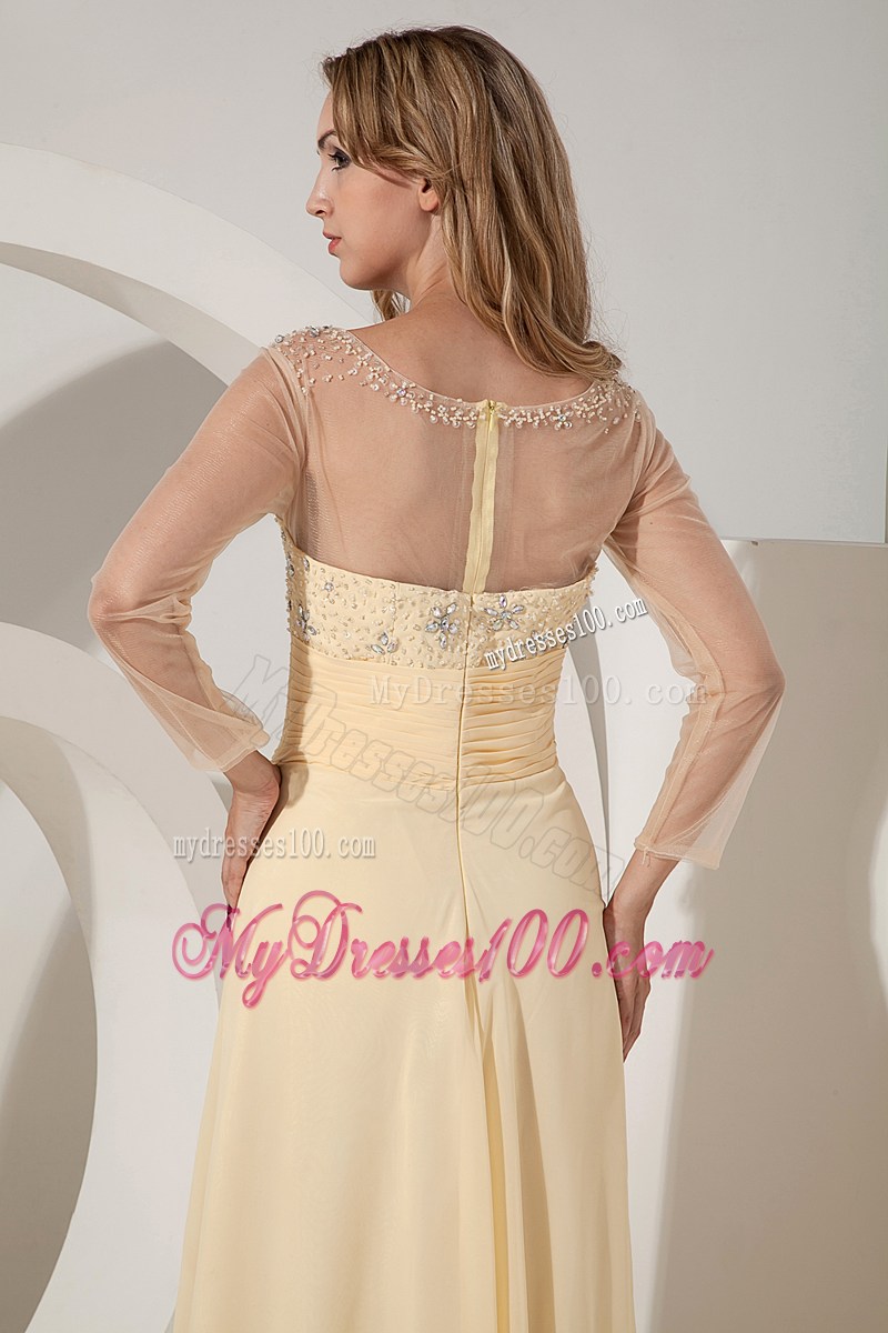 Empire Scoop Beaded Brush Train Light Yellow Prom Dress with Sheer Sleeves
