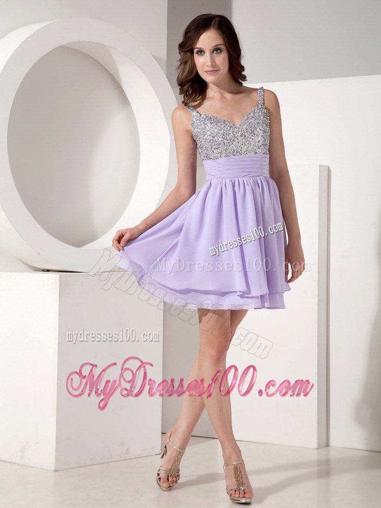 Straps and Sweetheart Stylish Beaded and Ruched Short Prom Gown in Lilac Chiffon