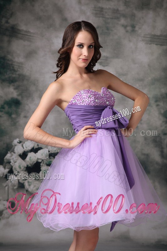 Beading and Bowknot Sash Decorate On Mini-length Lilac Organza Prom Gown