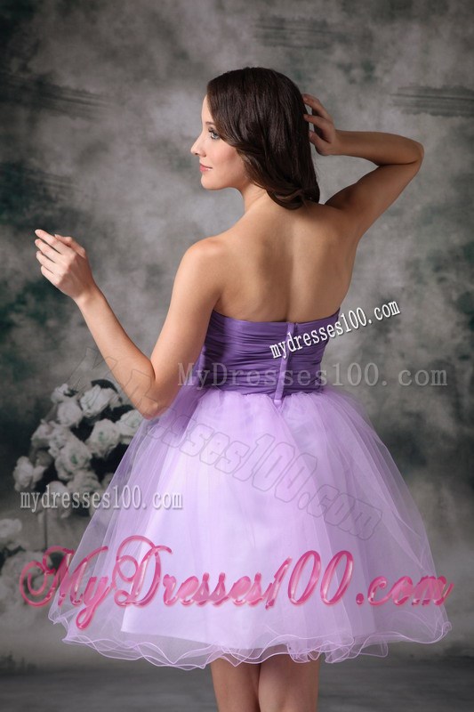 Beading and Bowknot Sash Decorate On Mini-length Lilac Organza Prom Gown