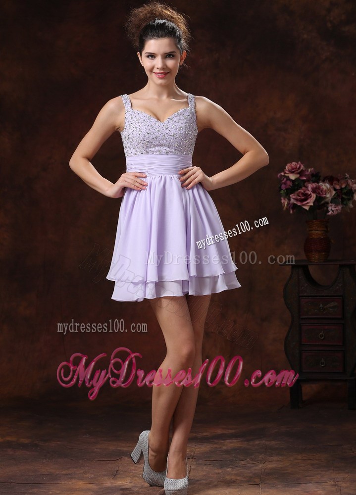 Mini-length Beading Decorate Lilac Prom Cocktail Dress with Straps