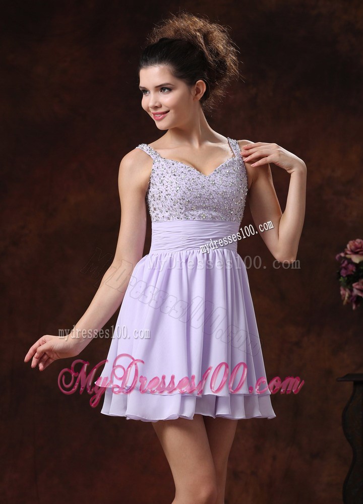 Mini-length Beading Decorate Lilac Prom Cocktail Dress with Straps