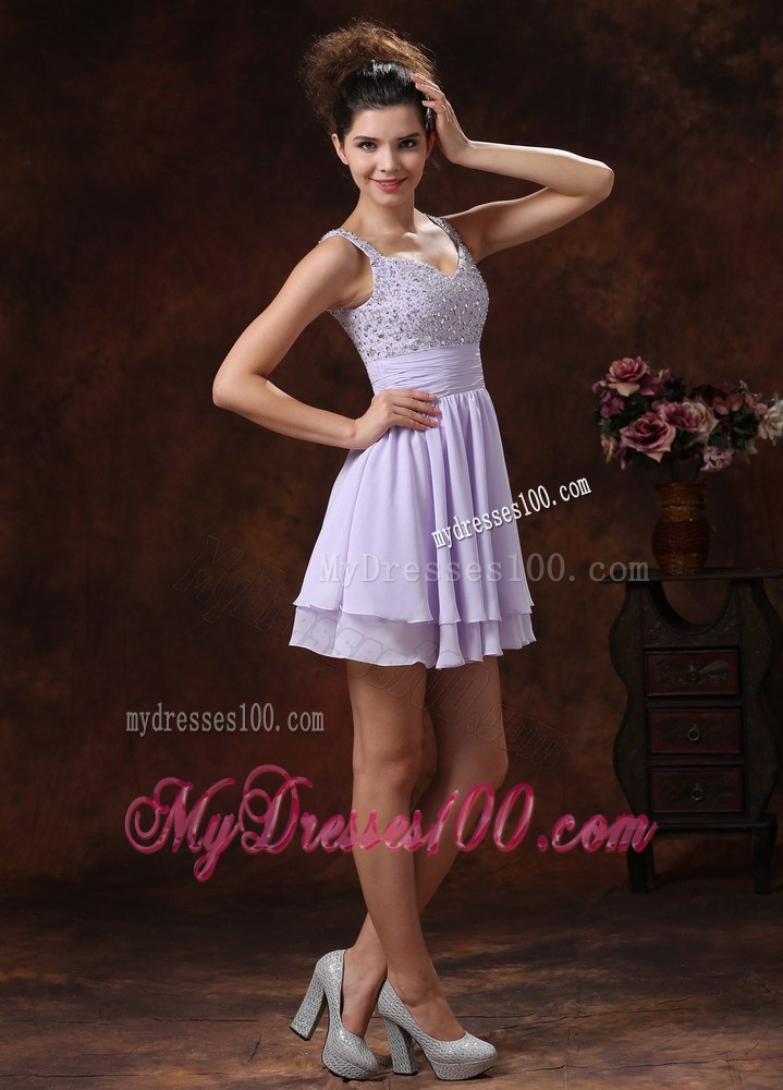Mini-length Beading Decorate Lilac Prom Cocktail Dress with Straps