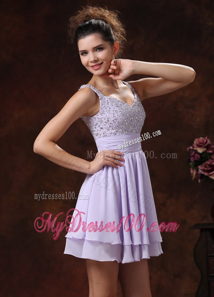 Mini-length Beading Decorate Lilac Prom Cocktail Dress with Straps