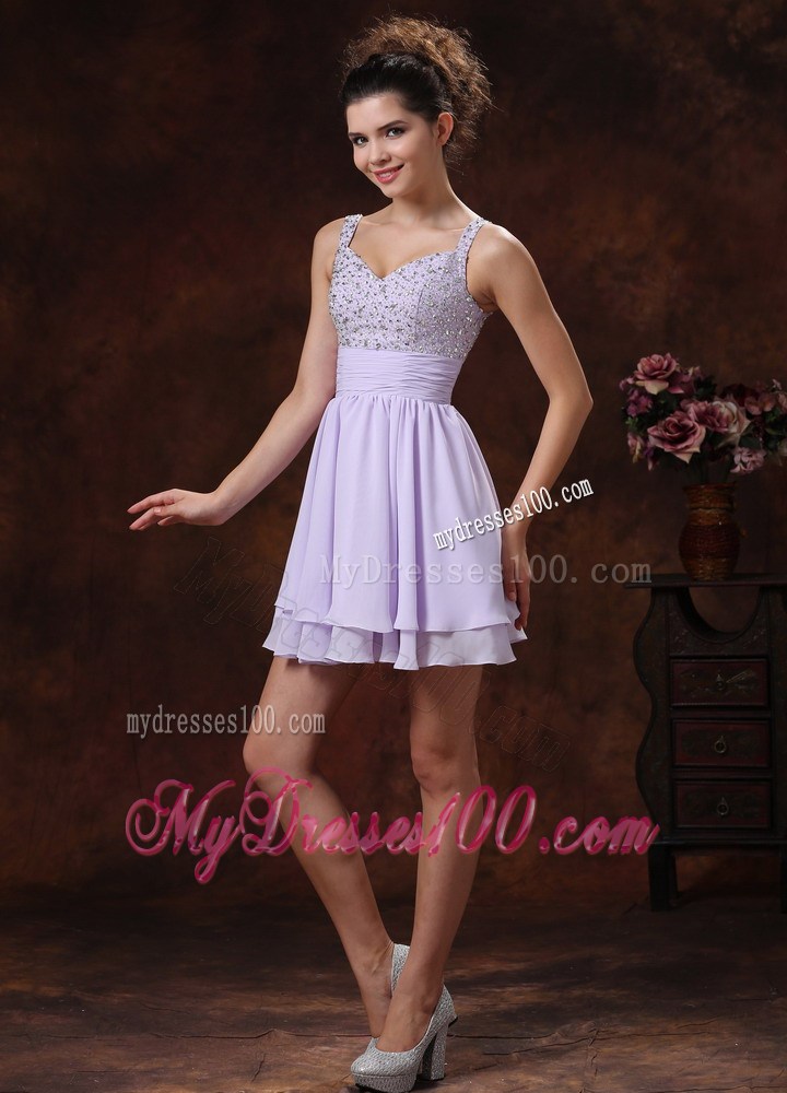 Mini-length Beading Decorate Lilac Prom Cocktail Dress with Straps