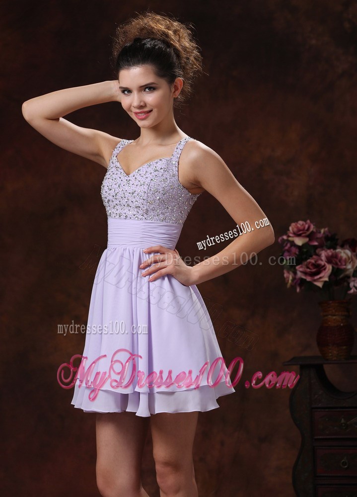 Mini-length Beading Decorate Lilac Prom Cocktail Dress with Straps
