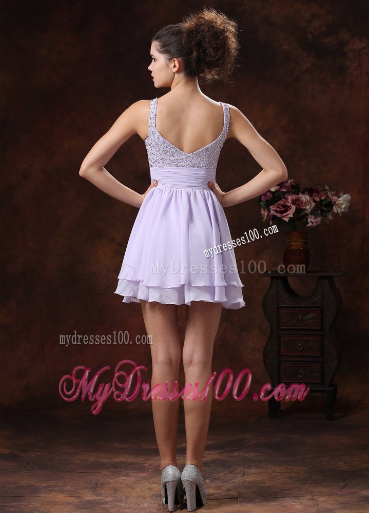 Mini-length Beading Decorate Lilac Prom Cocktail Dress with Straps