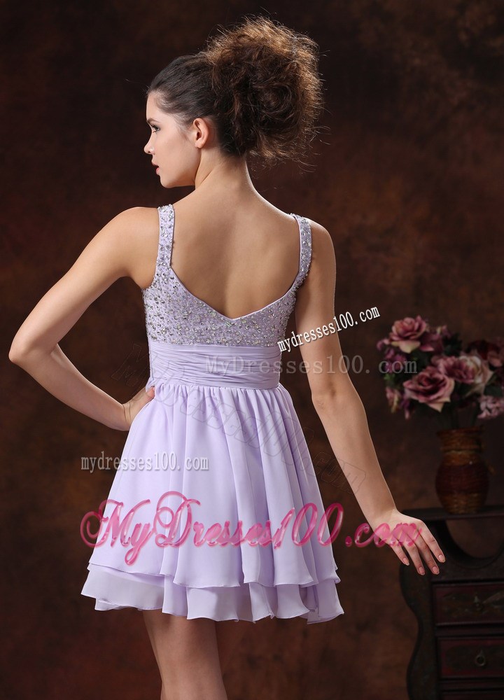 Mini-length Beading Decorate Lilac Prom Cocktail Dress with Straps