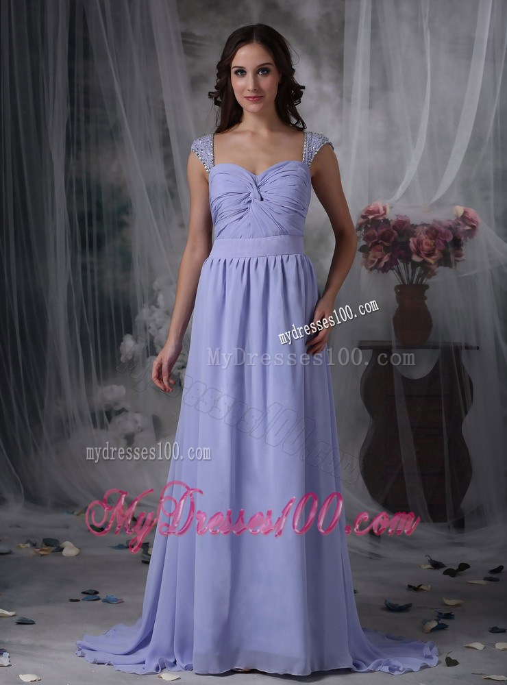 Lilac Empire Square Beaded Chiffon Dress for Prom with Cap Sleeves