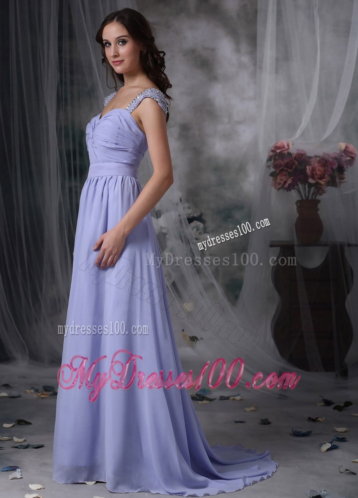 Lilac Empire Square Beaded Chiffon Dress for Prom with Cap Sleeves