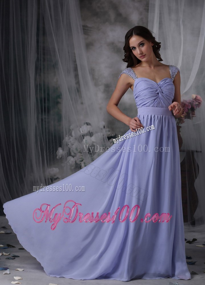Lilac Empire Square Beaded Chiffon Dress for Prom with Cap Sleeves