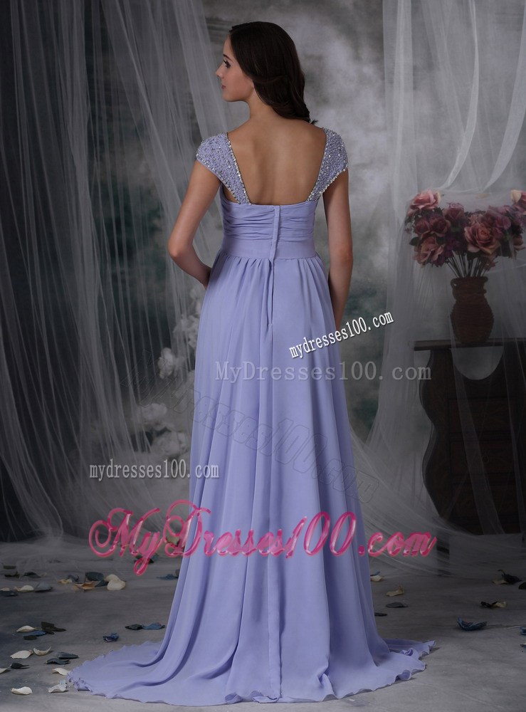 Lilac Empire Square Beaded Chiffon Dress for Prom with Cap Sleeves