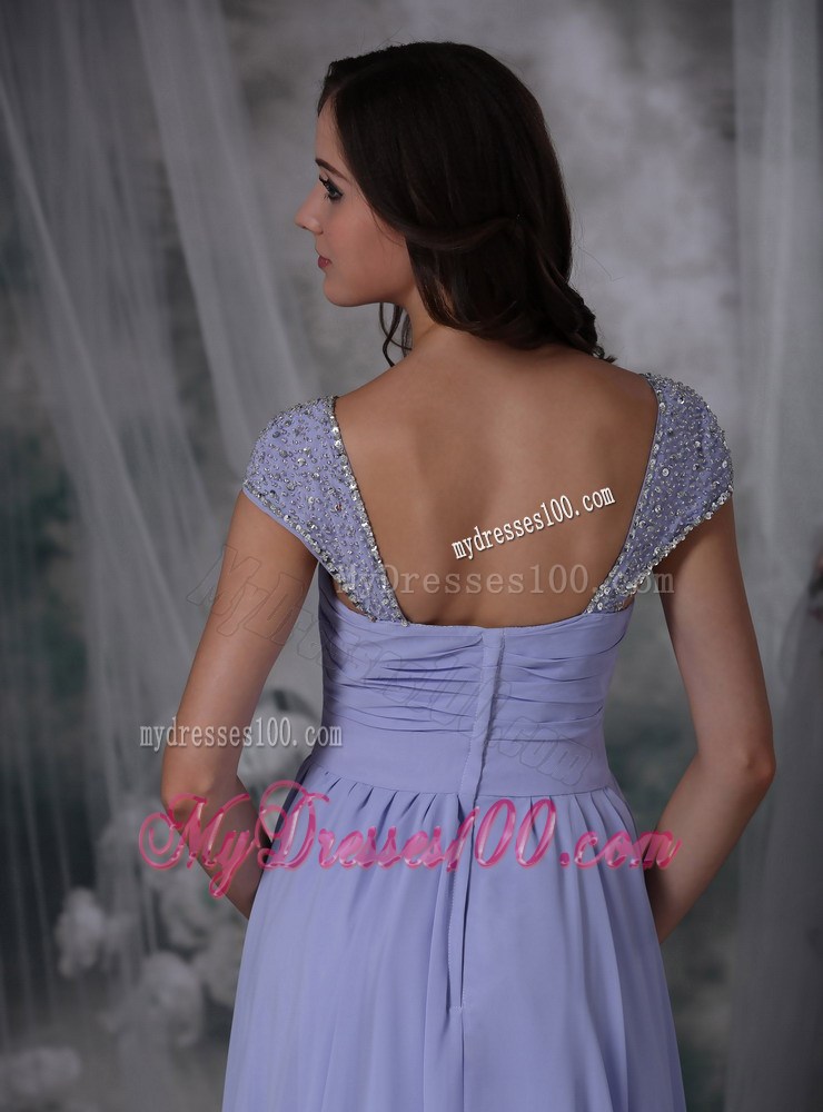 Lilac Empire Square Beaded Chiffon Dress for Prom with Cap Sleeves