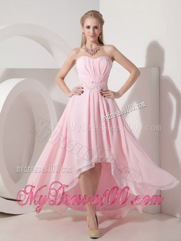 Beading Decorate Waist High-low Baby Pink Chiffon Prom Dress with Side Zipper
