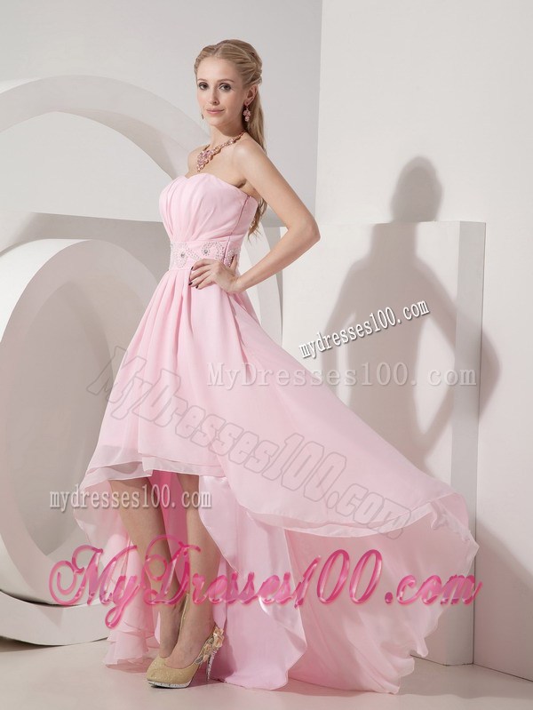 Beading Decorate Waist High-low Baby Pink Chiffon Prom Dress with Side Zipper