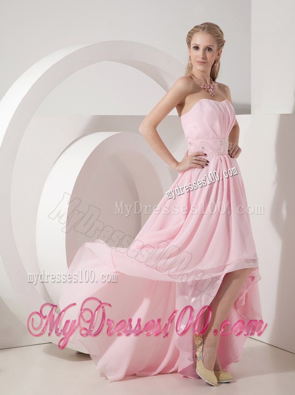 Beading Decorate Waist High-low Baby Pink Chiffon Prom Dress with Side Zipper