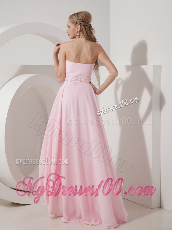 Beading Decorate Waist High-low Baby Pink Chiffon Prom Dress with Side Zipper