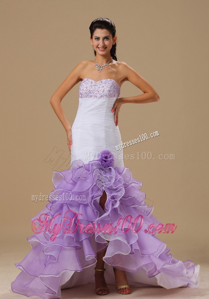 White and Purple Mermaid Beaded Prom Gown with Flowers and Ruffles