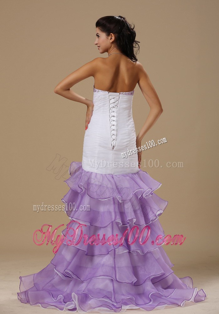 White and Purple Mermaid Beaded Prom Gown with Flowers and Ruffles
