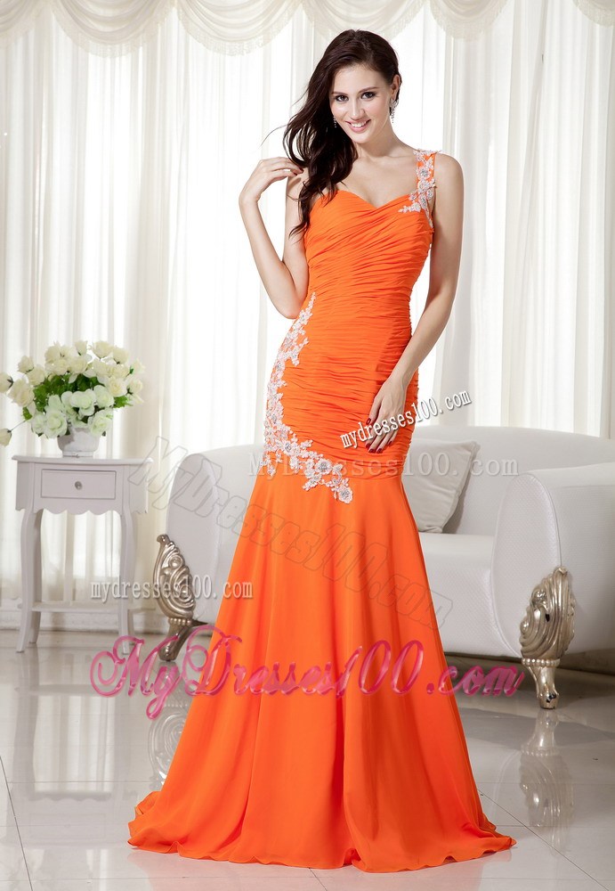 Orange Mermaid One Shoulder Brush Train Chiffon Prom Dress with Appliques