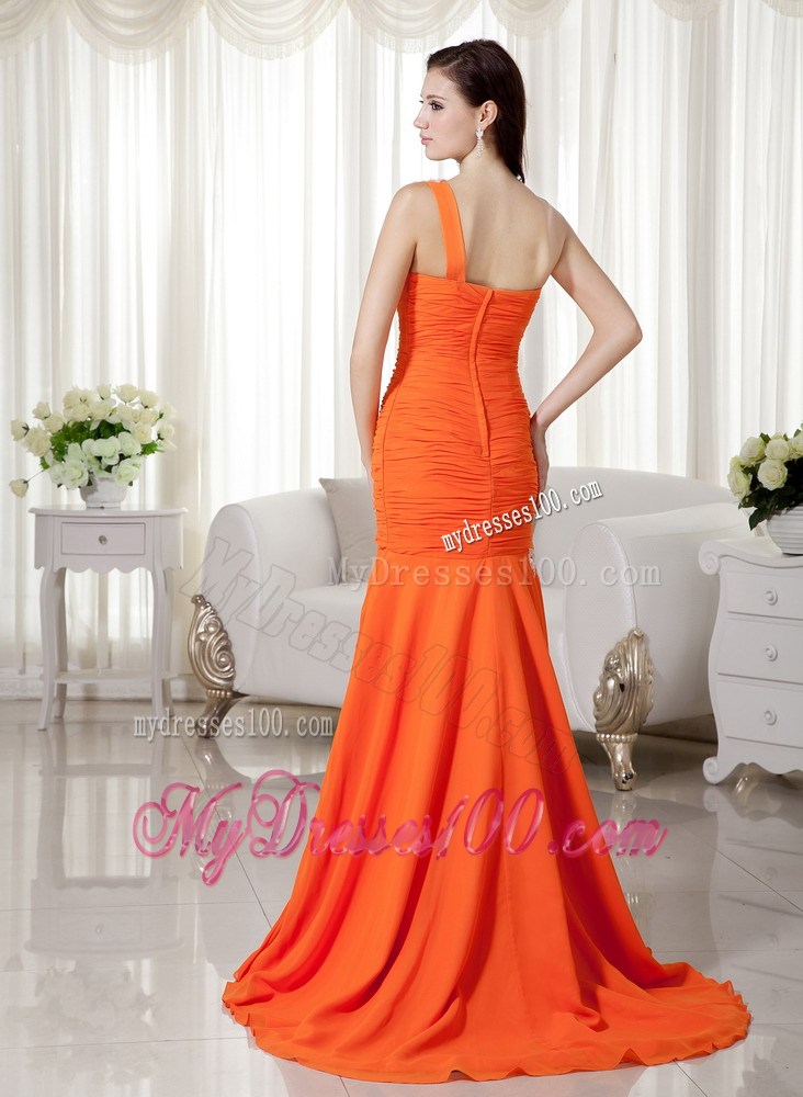Orange Mermaid One Shoulder Brush Train Chiffon Prom Dress with Appliques