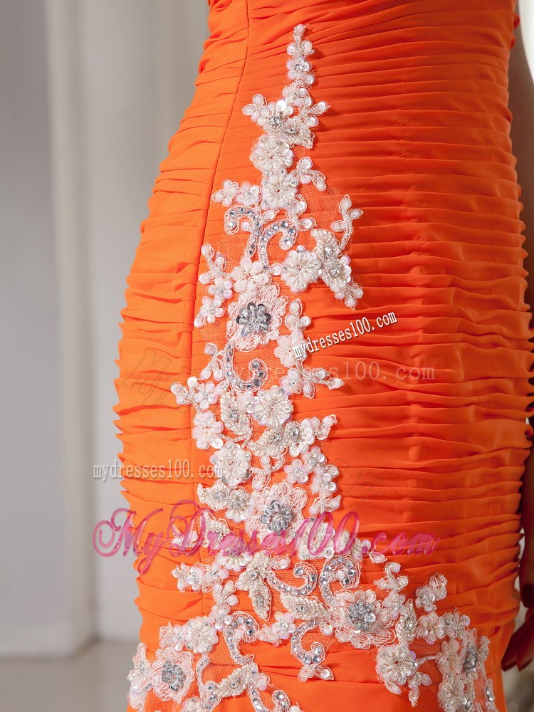 Orange Mermaid One Shoulder Brush Train Chiffon Prom Dress with Appliques