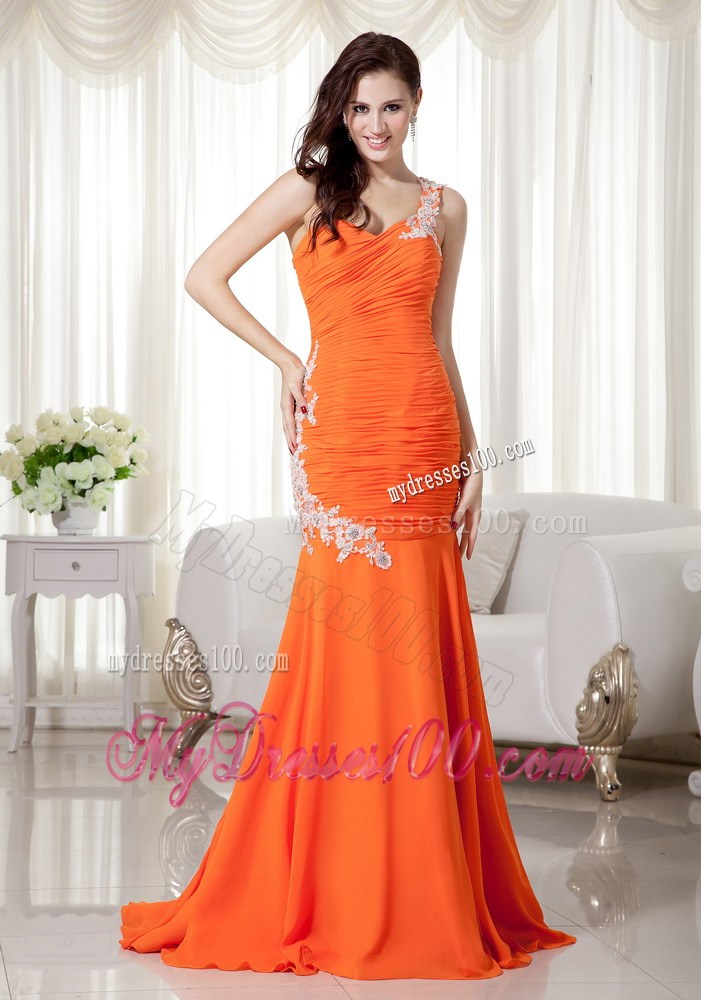 Orange Mermaid One Shoulder Brush Train Chiffon Prom Dress with Appliques