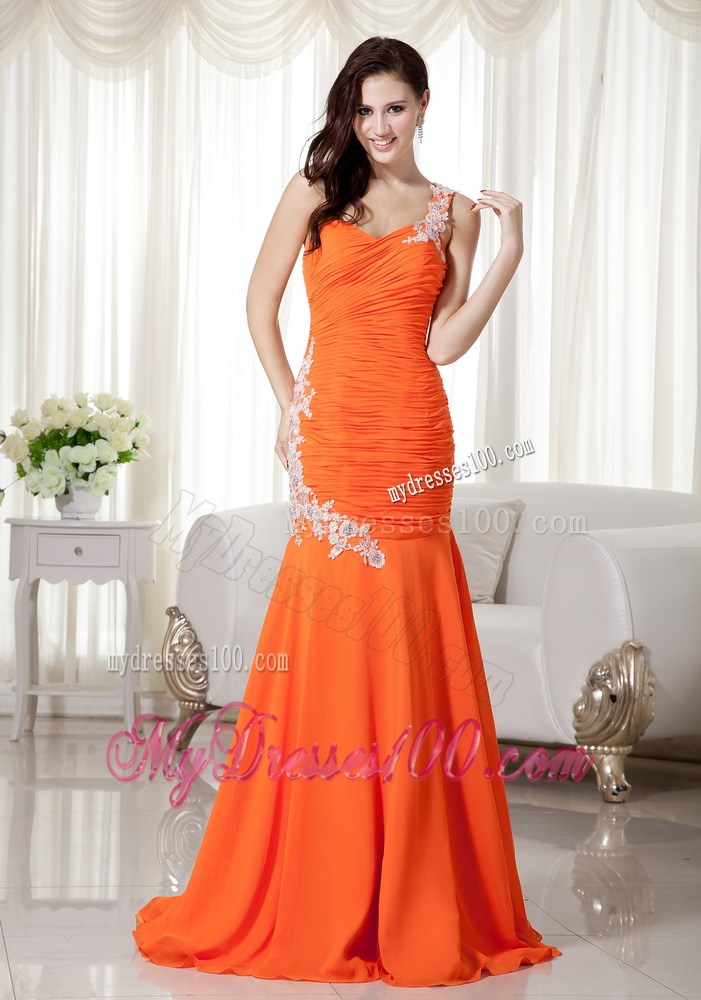 Orange Mermaid One Shoulder Brush Train Chiffon Prom Dress with Appliques