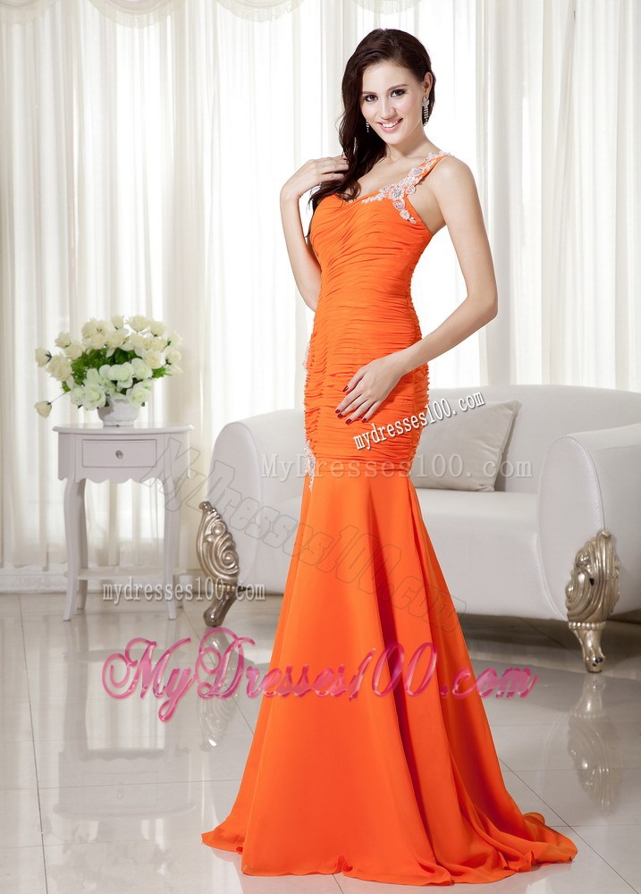 Orange Mermaid One Shoulder Brush Train Chiffon Prom Dress with Appliques
