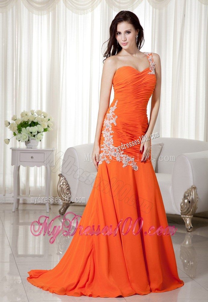 Orange Mermaid One Shoulder Brush Train Chiffon Prom Dress with Appliques