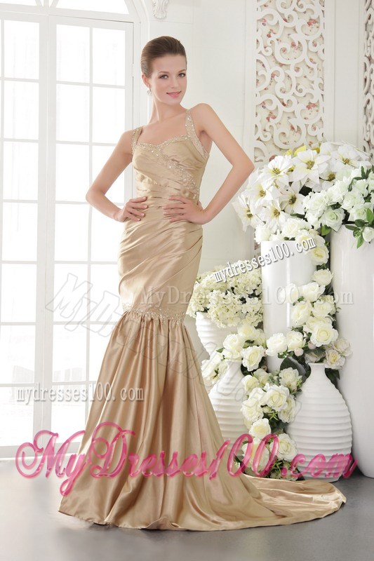 Champagne Mermaid Straps Brush Train Beaded Prom Gown with Criss Cross Back